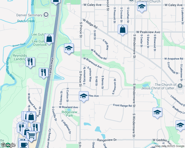 map of restaurants, bars, coffee shops, grocery stores, and more near 6899 South Prince Way in Littleton