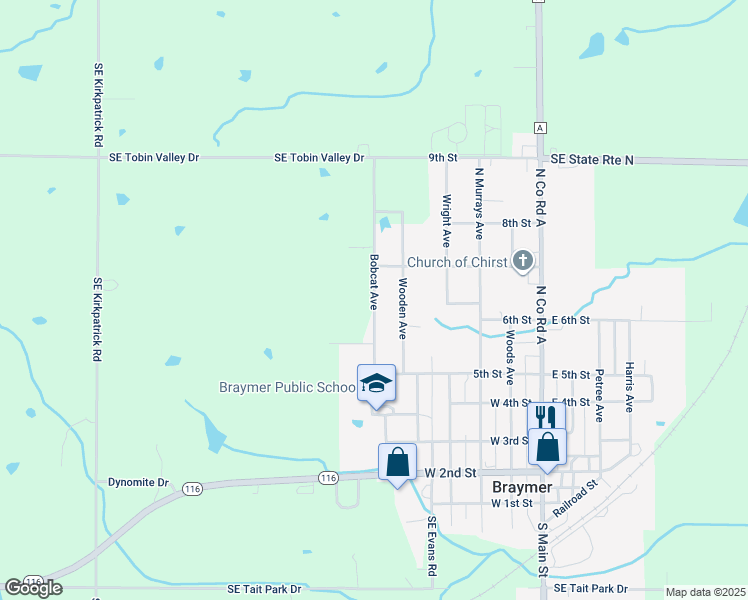 map of restaurants, bars, coffee shops, grocery stores, and more near 613 Bobcat Avenue in Braymer
