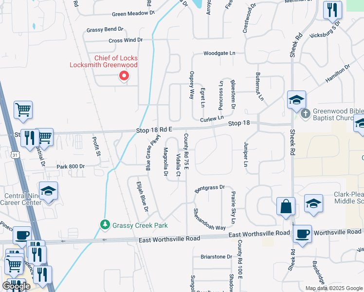 map of restaurants, bars, coffee shops, grocery stores, and more near 1651 Vidalia Court in Greenwood