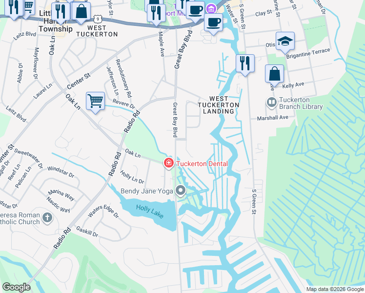 map of restaurants, bars, coffee shops, grocery stores, and more near 27 Santa Cruz Road in Tuckerton