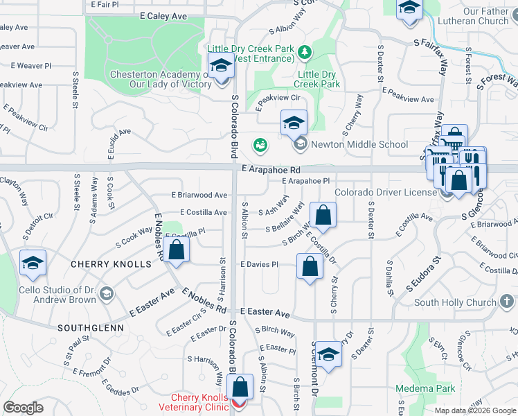 map of restaurants, bars, coffee shops, grocery stores, and more near 6875 South Bellaire Way in Centennial