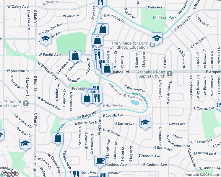 map of restaurants, bars, coffee shops, grocery stores, and more near 150 East Highline Circle in Centennial