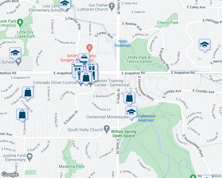 map of restaurants, bars, coffee shops, grocery stores, and more near 5590 East Briarwood Circle in Centennial