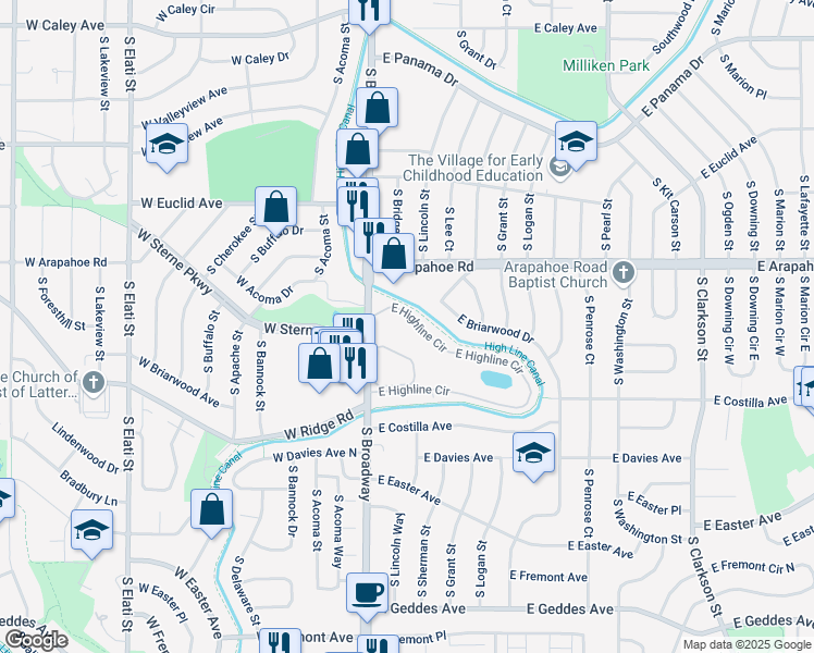 map of restaurants, bars, coffee shops, grocery stores, and more near 150 East Highline Circle in Centennial