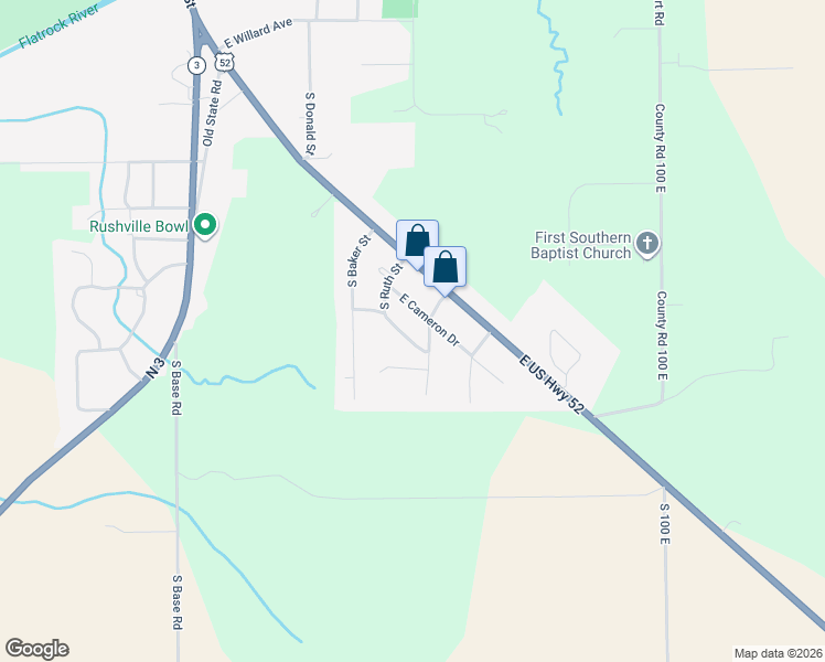 map of restaurants, bars, coffee shops, grocery stores, and more near 1377 South Ruth Street in Rushville