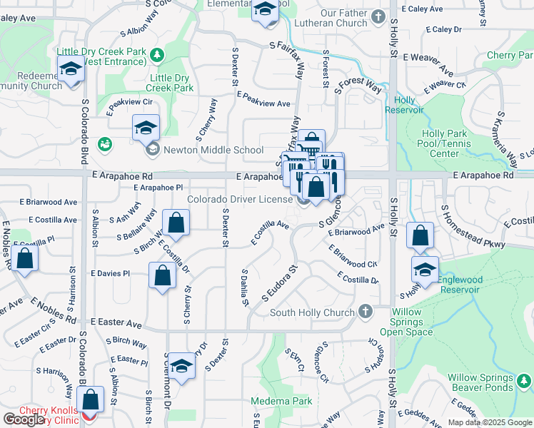 map of restaurants, bars, coffee shops, grocery stores, and more near 5000 East Arapahoe Road in Centennial