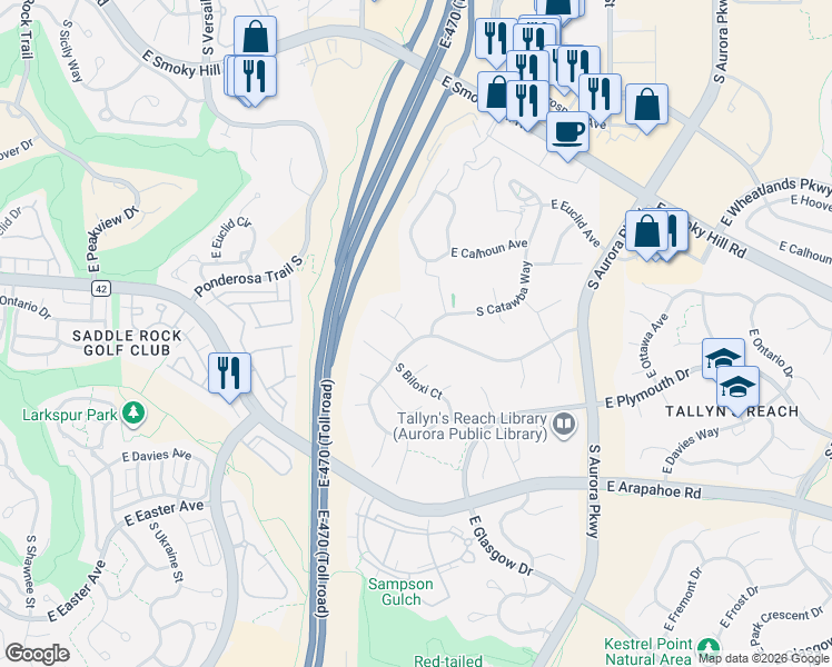 map of restaurants, bars, coffee shops, grocery stores, and more near 23464 East Ontario Place in Aurora