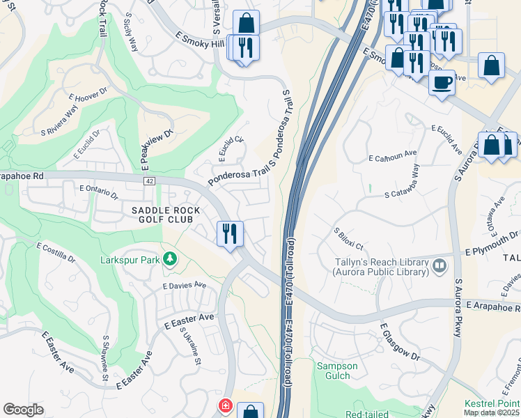 map of restaurants, bars, coffee shops, grocery stores, and more near 6723 South Winnipeg Circle in Aurora