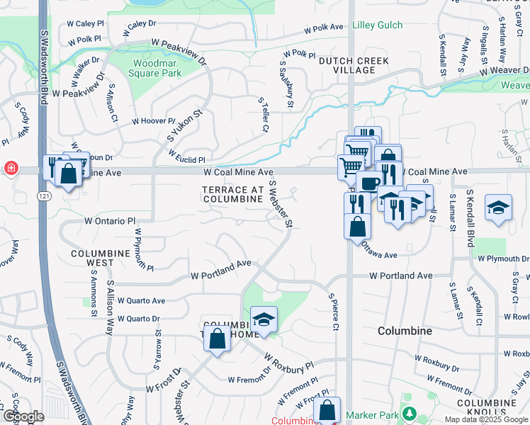 map of restaurants, bars, coffee shops, grocery stores, and more near 6705 South Webster Street in Littleton