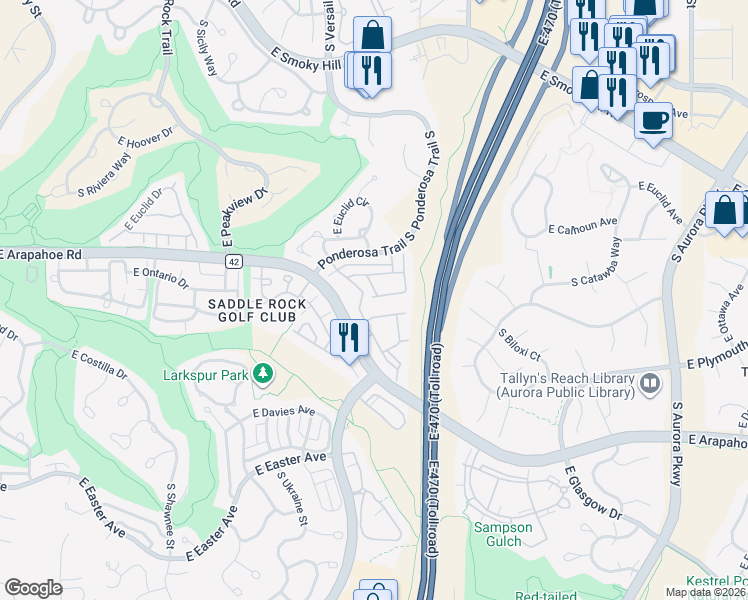 map of restaurants, bars, coffee shops, grocery stores, and more near 6744 South Winnipeg Circle in Aurora