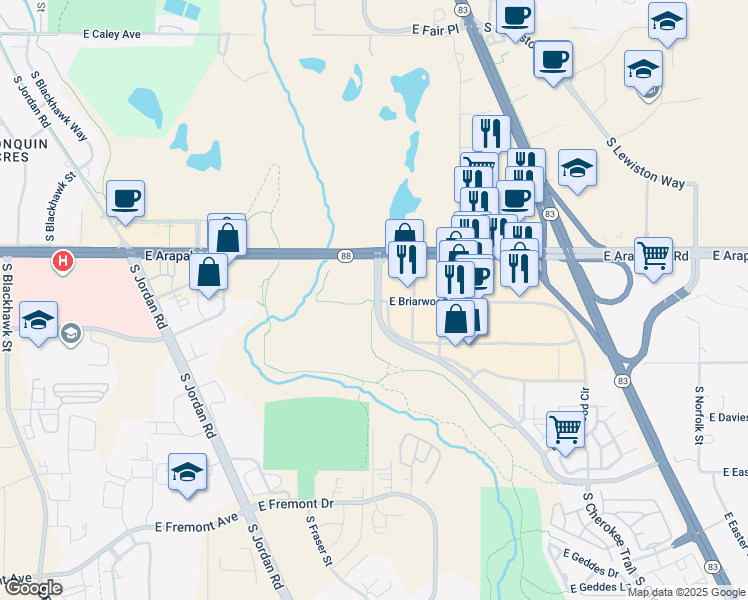 map of restaurants, bars, coffee shops, grocery stores, and more near 6743 South Chambers Way in Aurora