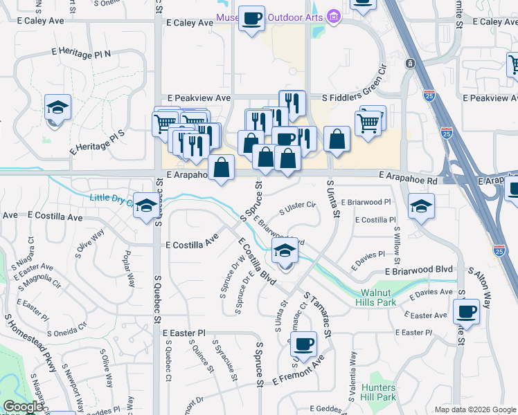 map of restaurants, bars, coffee shops, grocery stores, and more near 6767 South Spruce Street in Englewood