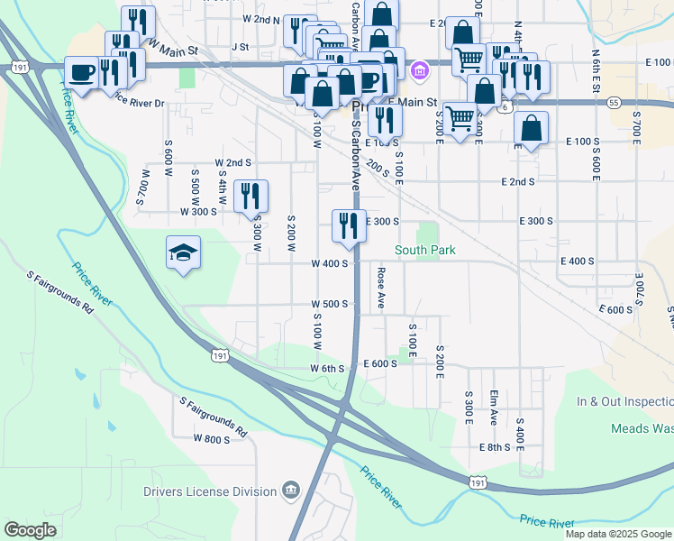 map of restaurants, bars, coffee shops, grocery stores, and more near 373 South 100 West in Price