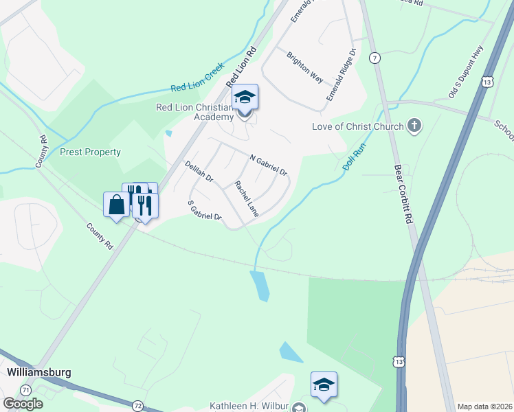 map of restaurants, bars, coffee shops, grocery stores, and more near 206 Corinthian Drive in Bear