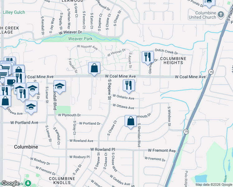 map of restaurants, bars, coffee shops, grocery stores, and more near 6755 West Ontario Circle in Littleton