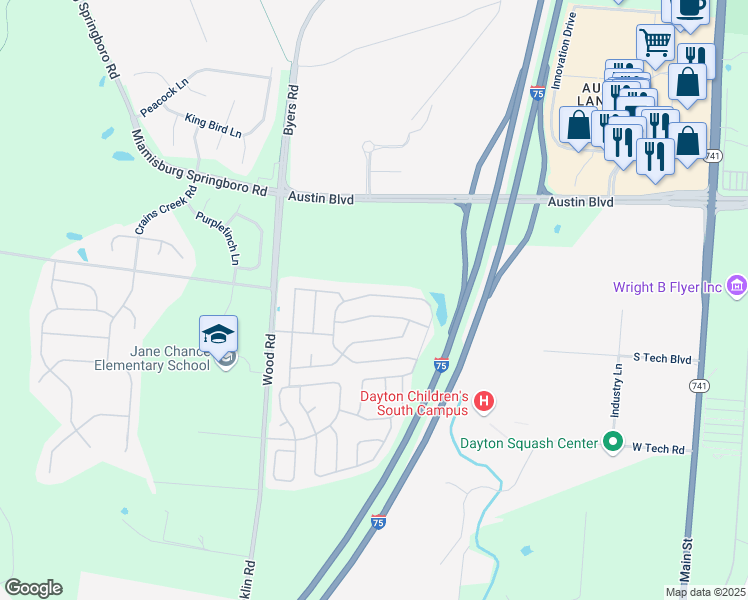 map of restaurants, bars, coffee shops, grocery stores, and more near 10612 Valette Circle North in Miamisburg