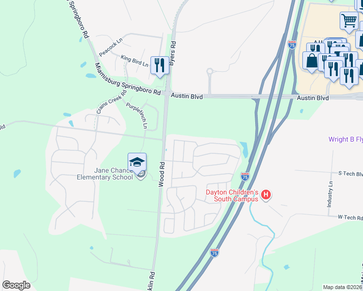 map of restaurants, bars, coffee shops, grocery stores, and more near 10815 Jandor Place in Miamisburg