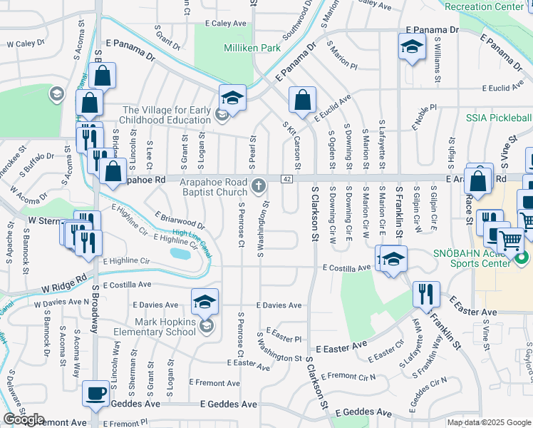 map of restaurants, bars, coffee shops, grocery stores, and more near 6760 South Washington Street in Centennial