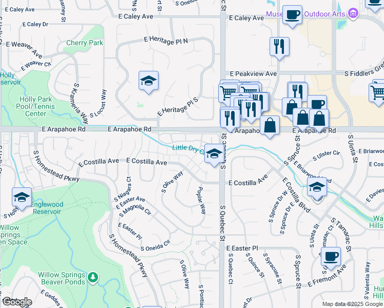map of restaurants, bars, coffee shops, grocery stores, and more near 7035 East Briarwood Drive in Centennial