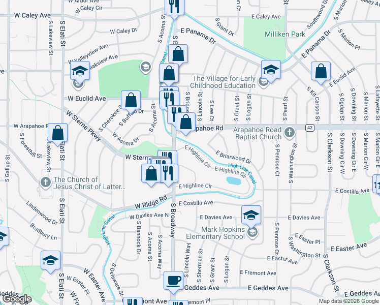 map of restaurants, bars, coffee shops, grocery stores, and more near 62 East Arapahoe Road in Littleton