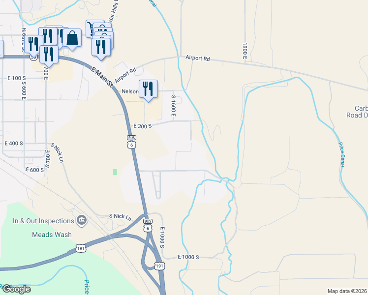 map of restaurants, bars, coffee shops, grocery stores, and more near 1680 East 300 South in Price