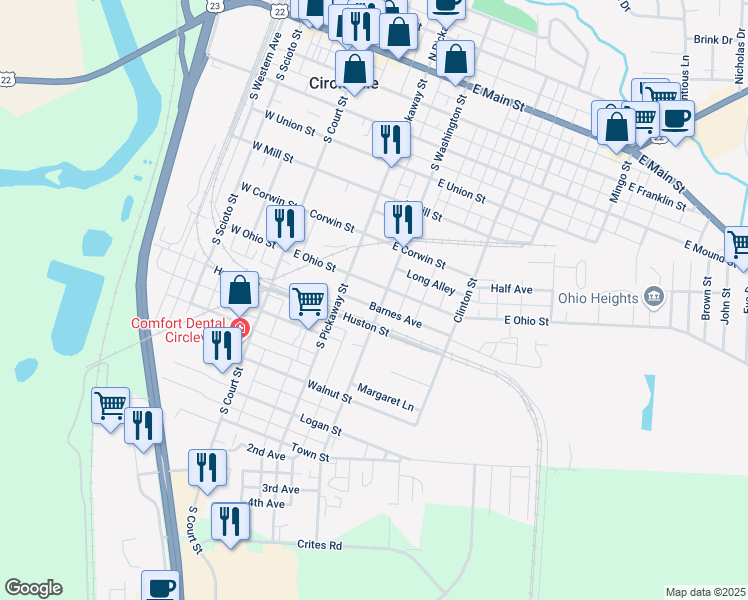 map of restaurants, bars, coffee shops, grocery stores, and more near 740 South Washington Street in Circleville