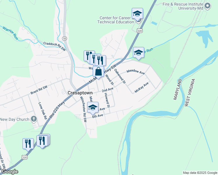 map of restaurants, bars, coffee shops, grocery stores, and more near 14710 Howard Street in Cresaptown