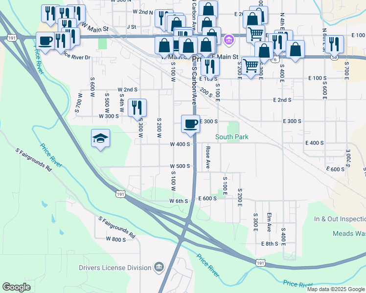 map of restaurants, bars, coffee shops, grocery stores, and more near 373 South 100 West in Price
