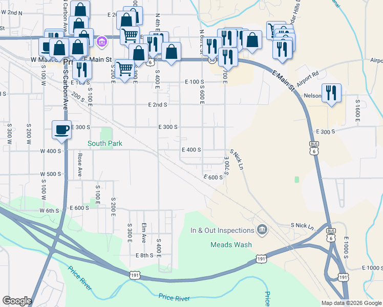 map of restaurants, bars, coffee shops, grocery stores, and more near 550 East 400 South in Price