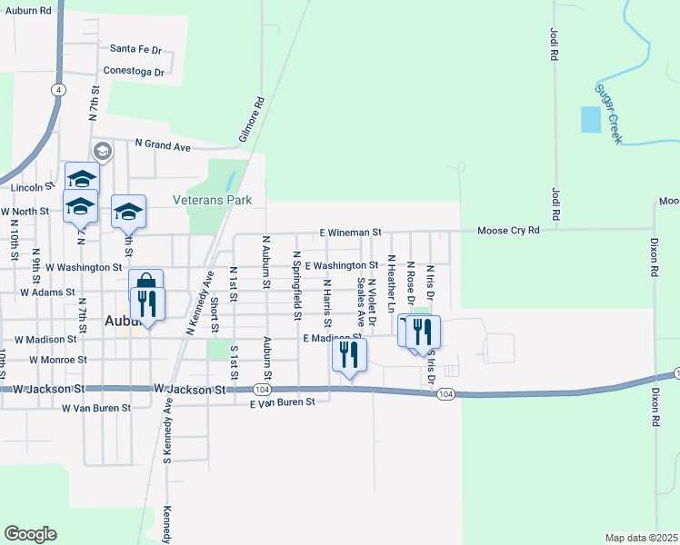 map of restaurants, bars, coffee shops, grocery stores, and more near 410 East Washington Street in Auburn