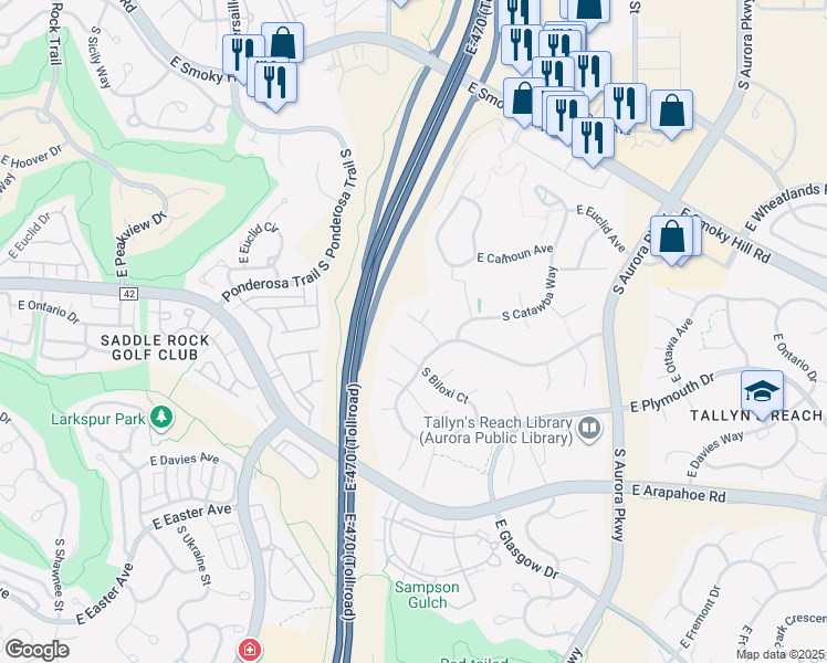 map of restaurants, bars, coffee shops, grocery stores, and more near 23308 East Briarwood Place in Aurora