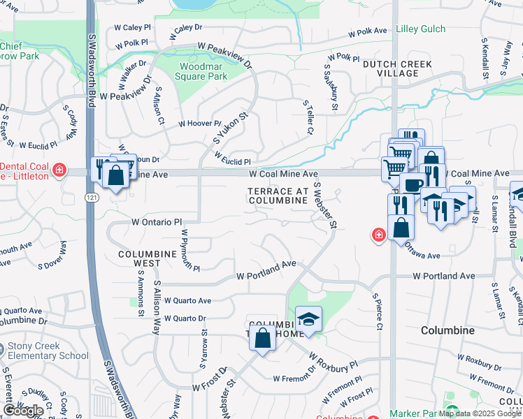 map of restaurants, bars, coffee shops, grocery stores, and more near 7410 West Coal Mine Avenue in Littleton