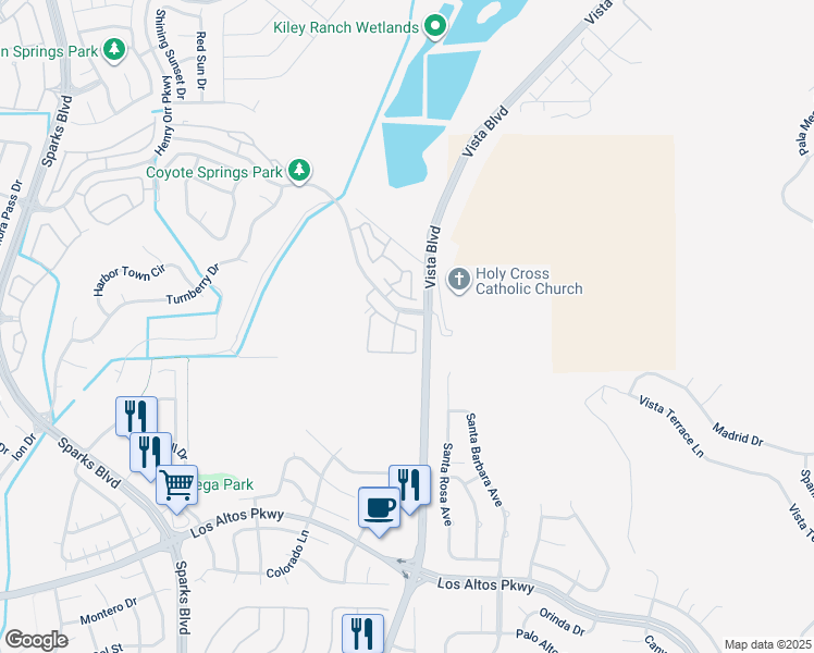map of restaurants, bars, coffee shops, grocery stores, and more near 1475 Vista Del Rancho Parkway in Sparks