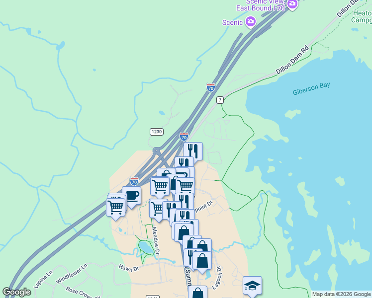 map of restaurants, bars, coffee shops, grocery stores, and more near 1131 Dillon Dam Road in Breckenridge