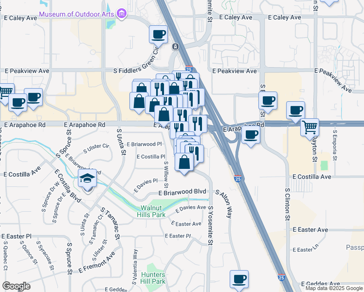 map of restaurants, bars, coffee shops, grocery stores, and more near 8770 East Arapahoe Road in Centennial