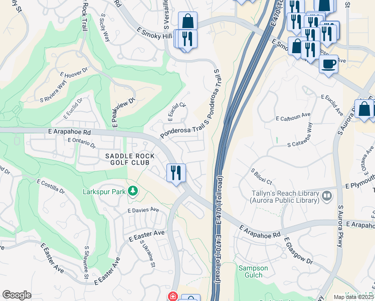 map of restaurants, bars, coffee shops, grocery stores, and more near 6754 South Winnipeg Circle in Aurora