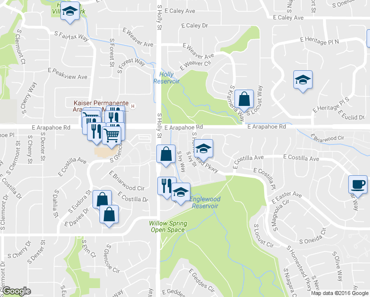 map of restaurants, bars, coffee shops, grocery stores, and more near 6745 South Ivy Street in Centennial