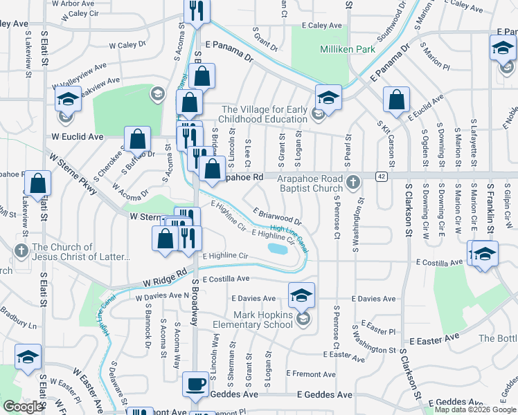 map of restaurants, bars, coffee shops, grocery stores, and more near 210 East Sterne Boulevard in Centennial