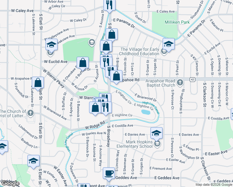 map of restaurants, bars, coffee shops, grocery stores, and more near 26 East Arapahoe Road in Littleton
