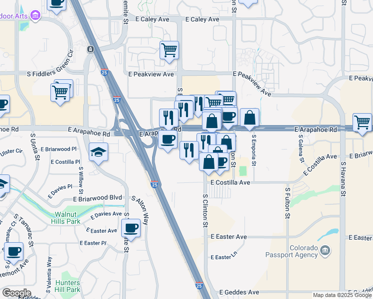 map of restaurants, bars, coffee shops, grocery stores, and more near 6788 South Clinton Street in Greenwood Village