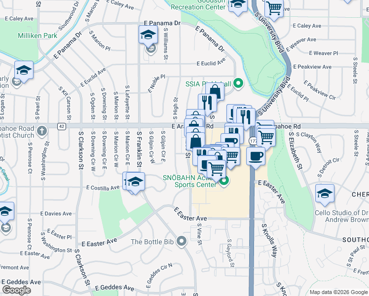 map of restaurants, bars, coffee shops, grocery stores, and more near 6737 South Vine Street in Centennial