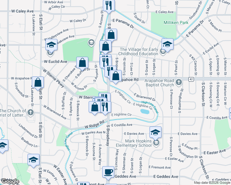 map of restaurants, bars, coffee shops, grocery stores, and more near 26 East Arapahoe Road in Littleton