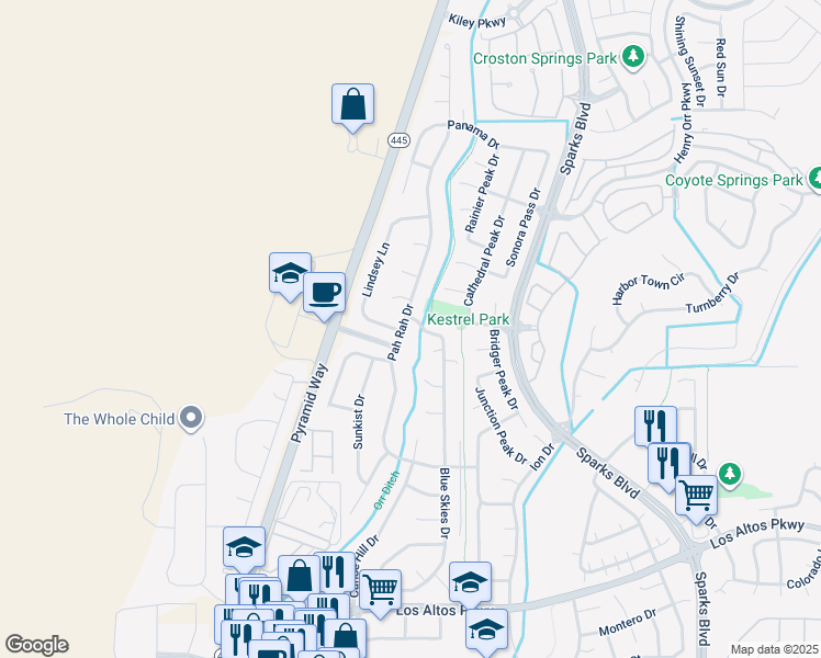 map of restaurants, bars, coffee shops, grocery stores, and more near 7100 Lindsey Lane in Sparks