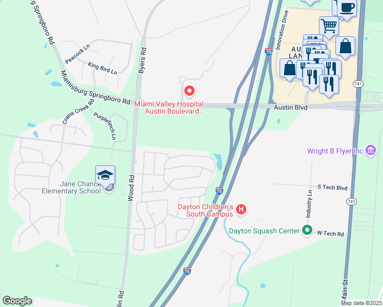 map of restaurants, bars, coffee shops, grocery stores, and more near 10659 Valette Circle North in Miamisburg