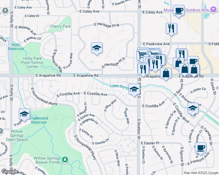 map of restaurants, bars, coffee shops, grocery stores, and more near 6948 East Briarwood Circle in Centennial