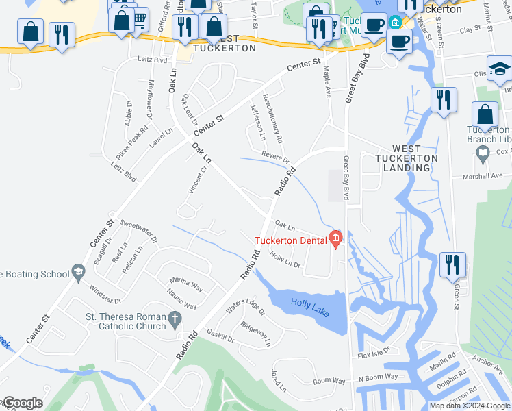 map of restaurants, bars, coffee shops, grocery stores, and more near 179 Oak Lane in Little Egg Harbor Township