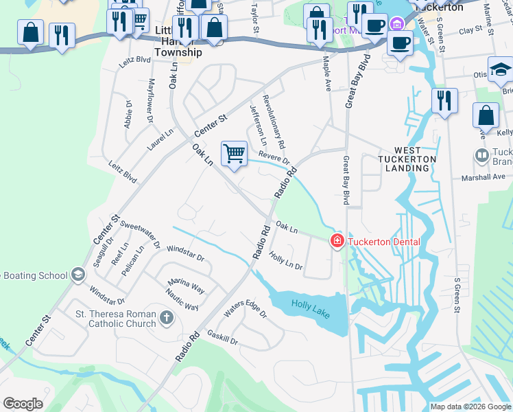 map of restaurants, bars, coffee shops, grocery stores, and more near 179 Oak Lane in Little Egg Harbor Township