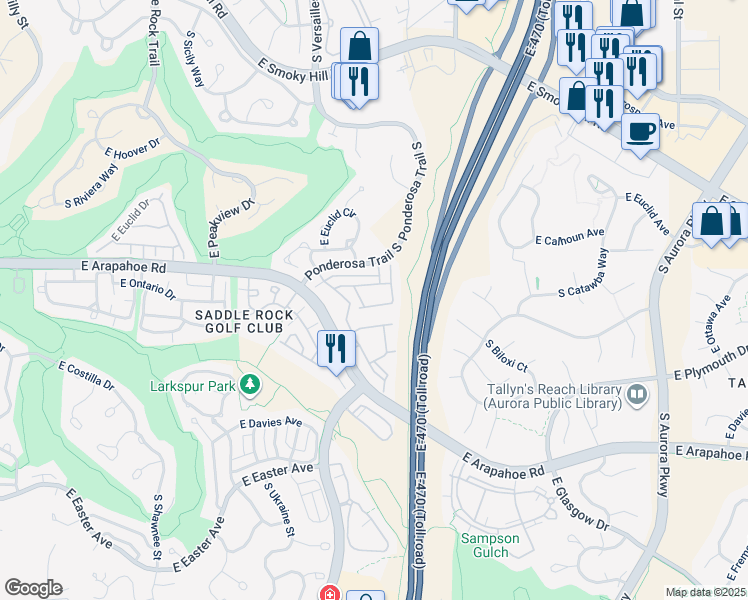map of restaurants, bars, coffee shops, grocery stores, and more near 6743 South Winnipeg Circle in Aurora