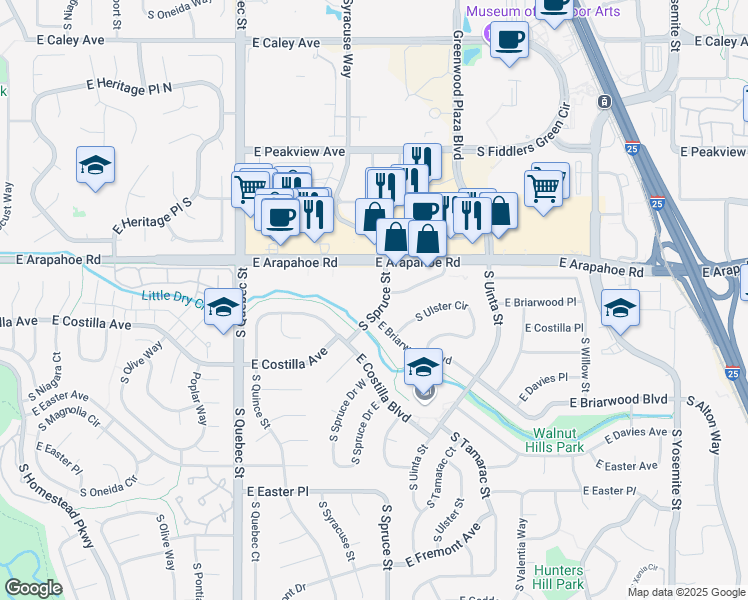 map of restaurants, bars, coffee shops, grocery stores, and more near 6767 South Spruce Street in Englewood