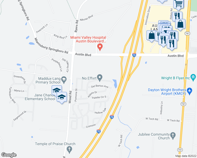 map of restaurants, bars, coffee shops, grocery stores, and more near 10625 Valette Circle North in Miamisburg